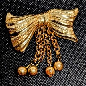 Antique Brass tone Bow Brooch with Tassels